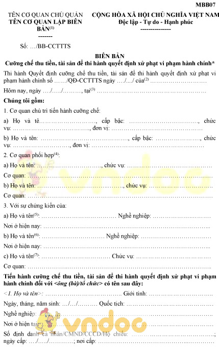 Mẫu MBB07: Biên bản cưỡng chế thu tiền, tài sản để thi hành quyết định xử phạt vi phạm hành chính