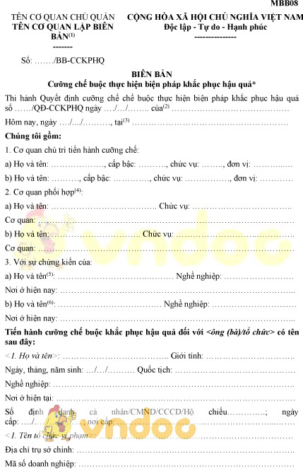 Mẫu MBB08: Biên bản cưỡng chế buộc thực hiện biện pháp khắc phục hậu quả