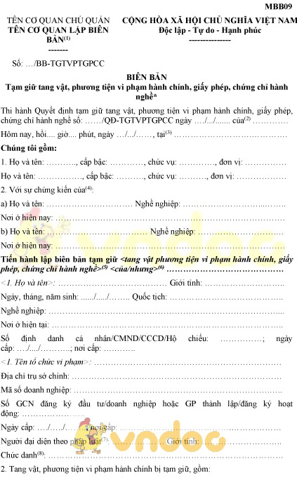 Mẫu MBB09: Biên bản tạm giữ tang vật, phương tiện vi phạm hành chính