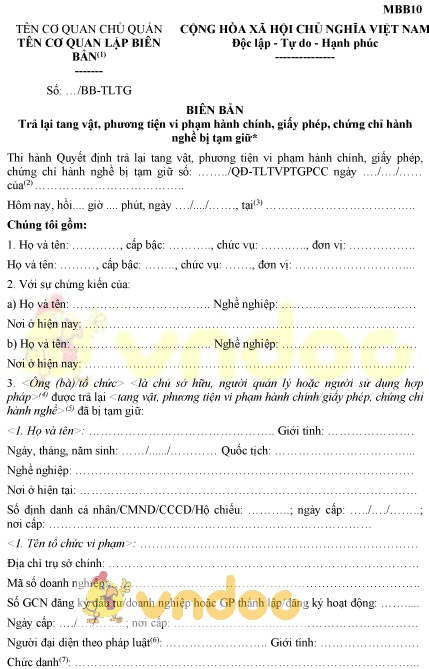 Mẫu MBB10: Biên bản trả lại tang vật, phương tiện vi phạm hành chính bị tạm giữ