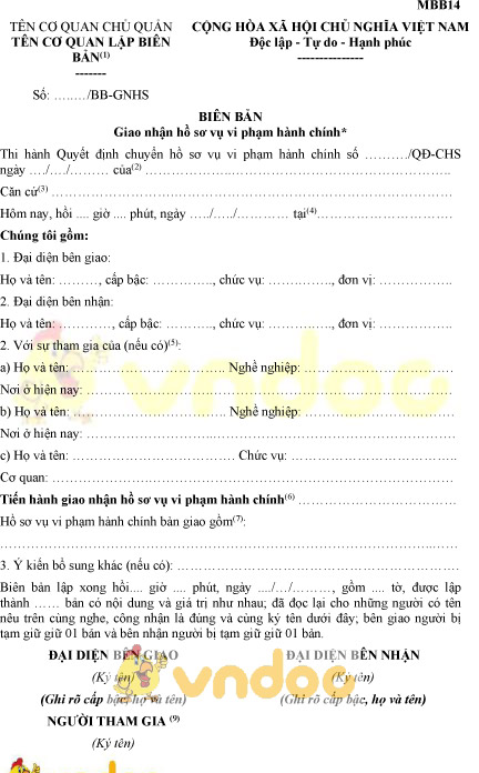Mẫu MBB14: Biên bản giao nhận hồ sơ vụ vi phạm hành chính