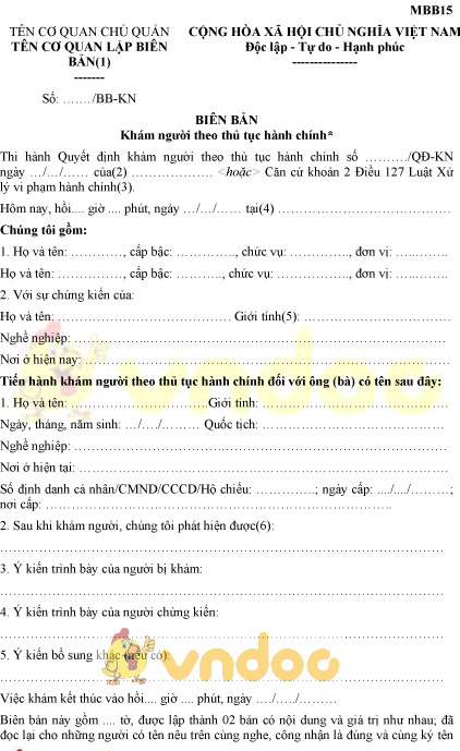 Mẫu MBB15: Biên bản khám người theo thủ tục hành chính