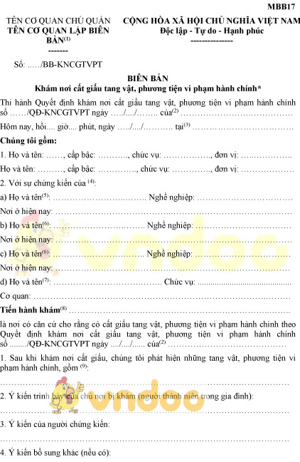 Mẫu MBB17: Biên bản khám nơi cất giấu tang vật, phương tiện vi phạm hành chính