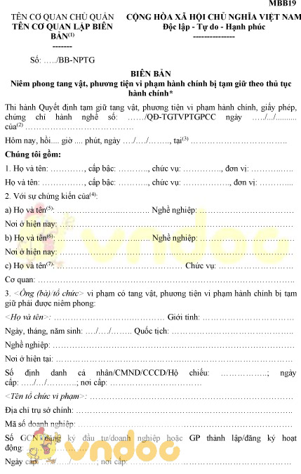 Mẫu MBB19: Biên bản niêm phong tang vật, phương tiện vi phạm hành chính