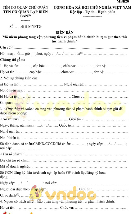 Mẫu MBB20: Biên bản mở niêm phong tang vật, phương tiện vi phạm hành chính