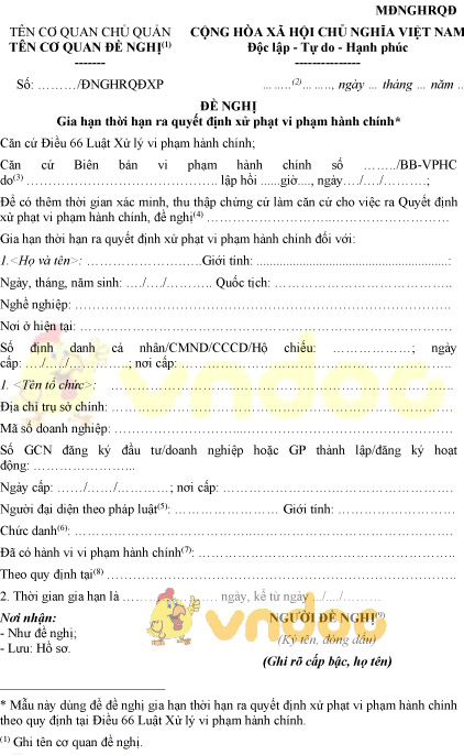 Mẫu MĐNGHRQĐ: Đề nghị gia hạn thời hạn ra quyết định xử phạt vi phạm hành chính