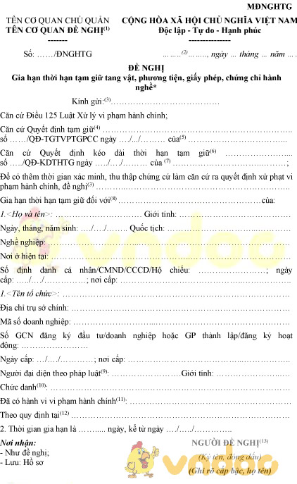 Mẫu MĐNGHTG: Đề nghị gia hạn thời hạn tạm giữ tang vật, phương tiện