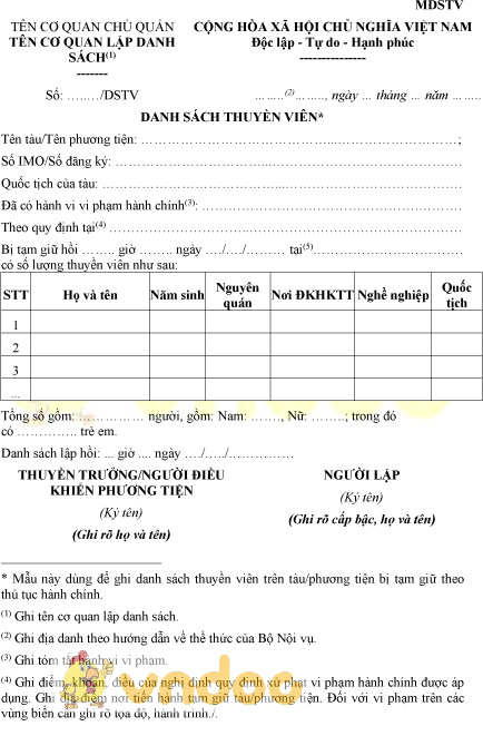 Mẫu MDSTV: Danh sách thuyền viên