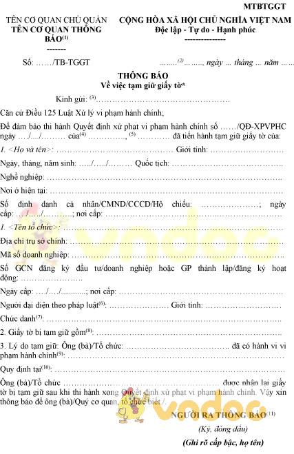 Mẫu MTBTGGT: Thông báo tạm giữ giấy tờ