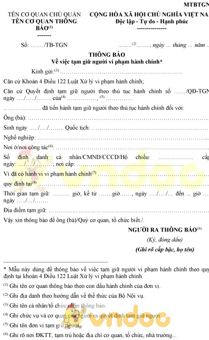 Mẫu MTBTGN: Thông báo tạm giữ người vi phạm hành chính