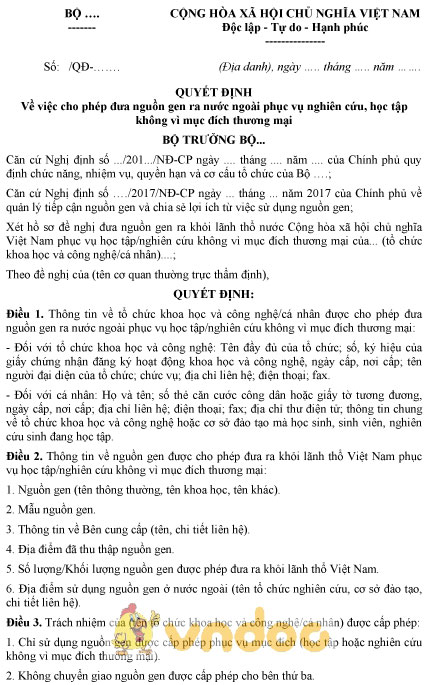 Mẫu quyết định cho phép đưa nguồn gen ra nước ngoài phục vụ nghiên cứu