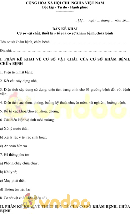 Mẫu bản kê khai cơ sở vật chất, thiết bị y tế của cơ sở khám chữa bệnh