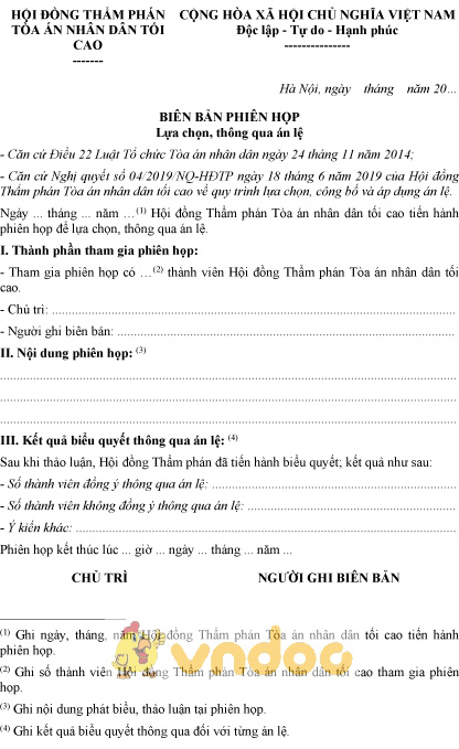 Mẫu biên bản phiên họp lựa chọn, thông qua án lệ