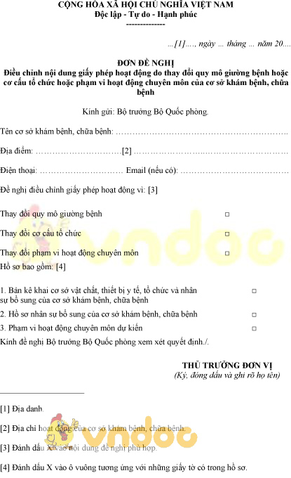 Mẫu đơn đề nghị điều chỉnh nội dung giấy phép hoạt động của cơ sở khám chữa bệnh