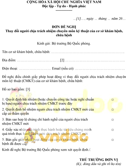 Mẫu đơn đề nghị thay đổi người chịu trách nhiệm chuyên môn kỹ thuật của cơ sở khám chữa bệnh