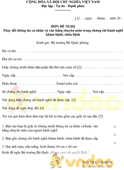 Mẫu đơn đề nghị thay đổi thông tin cá nhân và văn bằng chuyên môn trong chứng chỉ khám chữa bệnh