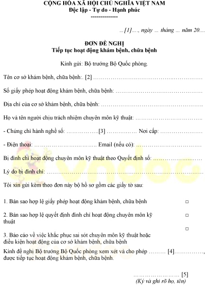 Mẫu đơn đề nghị tiếp tục hoạt động khám bệnh, chữa bệnh