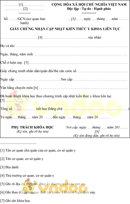 Mẫu giấy chứng nhận cập nhật kiến thức y khoa liên tục