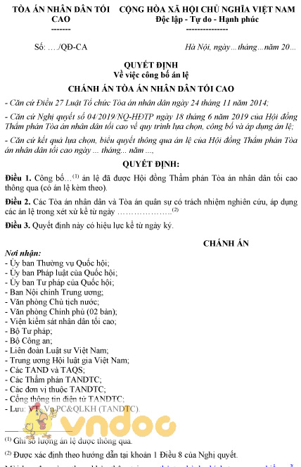 Mẫu quyết định công bố án lệ