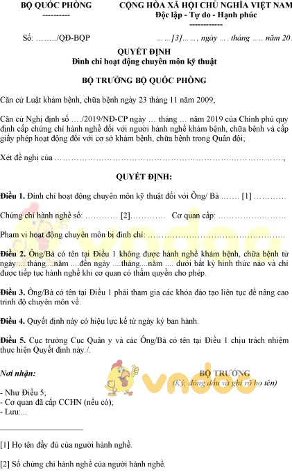 Mẫu quyết định đình chỉ hoạt động chuyên môn kỹ thuật