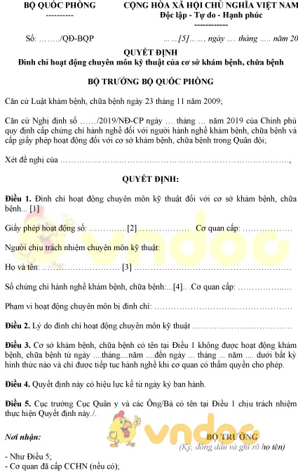 Mẫu quyết định đình chỉ hoạt động chuyên môn kỹ thuật của cơ sở khám chữa bệnh