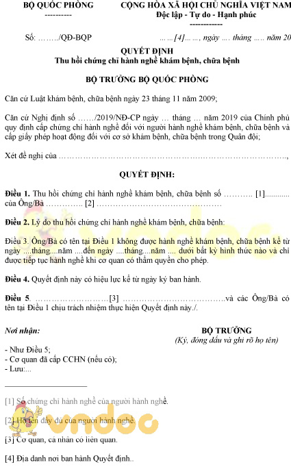 Mẫu quyết định thu hồi chứng chỉ hành nghề khám chữa bệnh