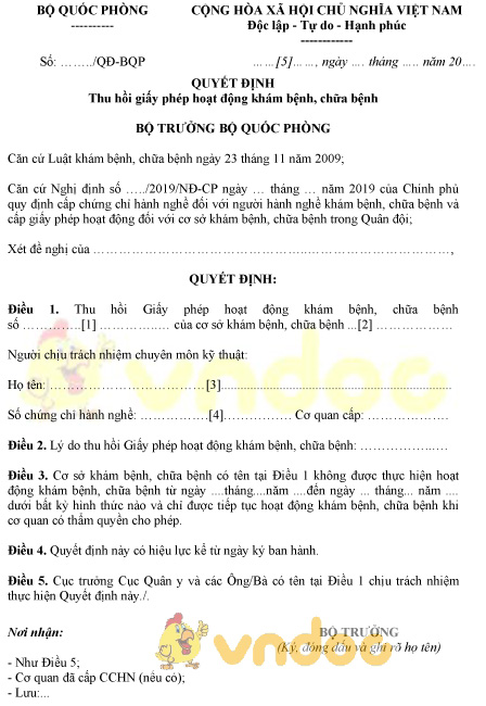 Mẫu quyết định thu hồi giấy phép hoạt động khám chữa bệnh