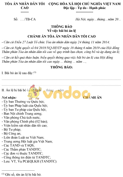 Mẫu thông báo bãi bỏ án lệ