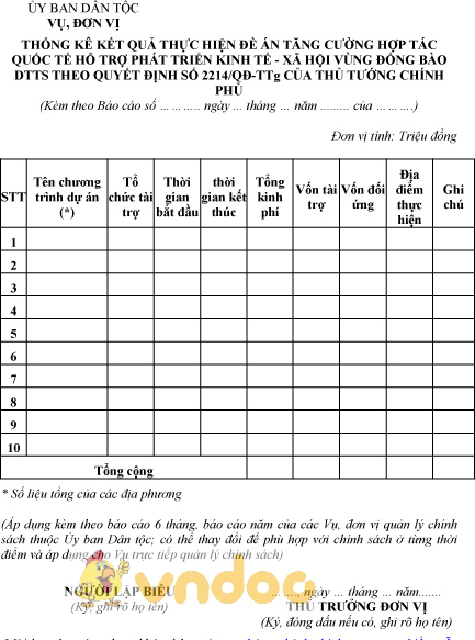 Mẫu thống kê kết quả thực hiện đề án tăng cường hợp tác quốc tế hỗ trợ đồng bào DTTS