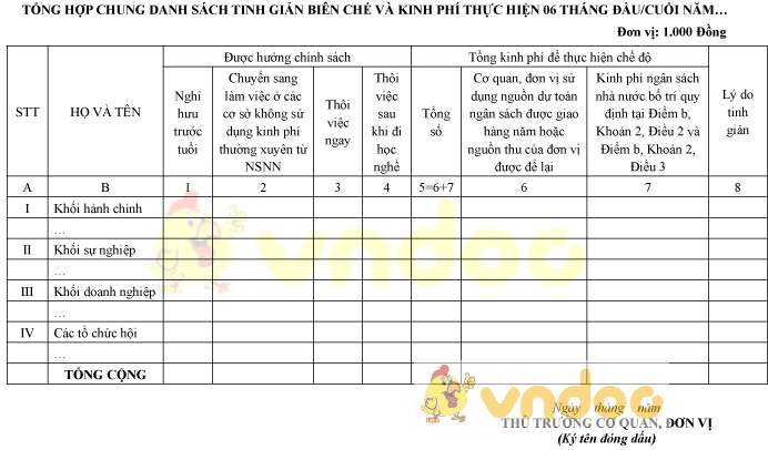 Mẫu tổng hợp chung danh sách tinh giản biên chế và kinh phí thực hiện 6 tháng đầu, cuối năm