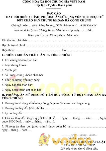 Mẫu báo cáo thay đổi phương án sử dụng vốn thu được từ chào bán chứng khoán ra công chúng