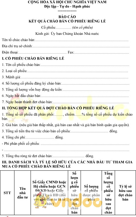 Mẫu báo cáo kết quả chào bán cổ phiếu riêng lẻ