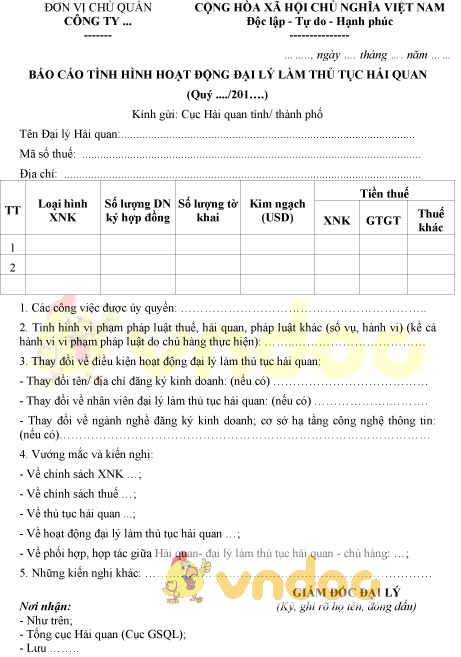Mẫu báo cáo tình hình hoạt động đại lý làm thủ tục hải quan