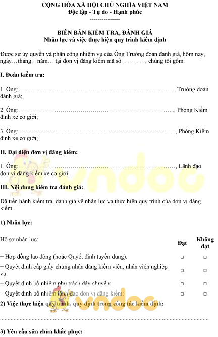 Mẫu biên bản kiểm tra đánh giá nhân lực và việc thực hiện quy trình kiểm định