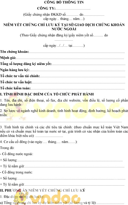 Mẫu công bố thông tin niêm yết chứng chỉ lưu ký tại Sở Giao dịch Chứng khoán nước ngoài