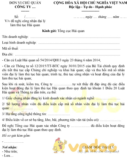 Mẫu đơn đề nghị công nhận đại lý làm thủ tục hải quan