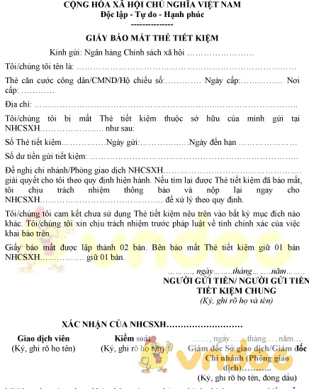 Mẫu giấy báo mất thẻ tiết kiệm