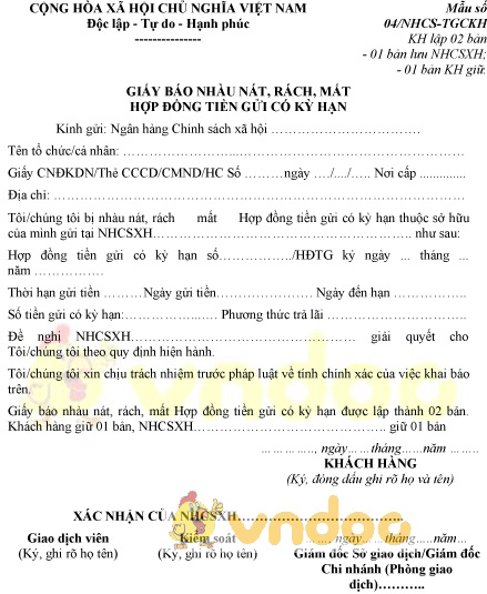 Mẫu giấy báo nhàu nát, rách, mất hợp đồng tiền gửi có kỳ hạn