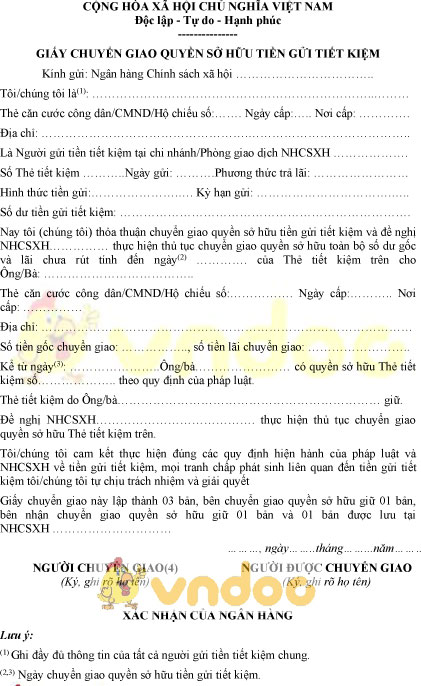 Mẫu giấy chuyển giao quyền sở hữu tiền gửi tiết kiệm