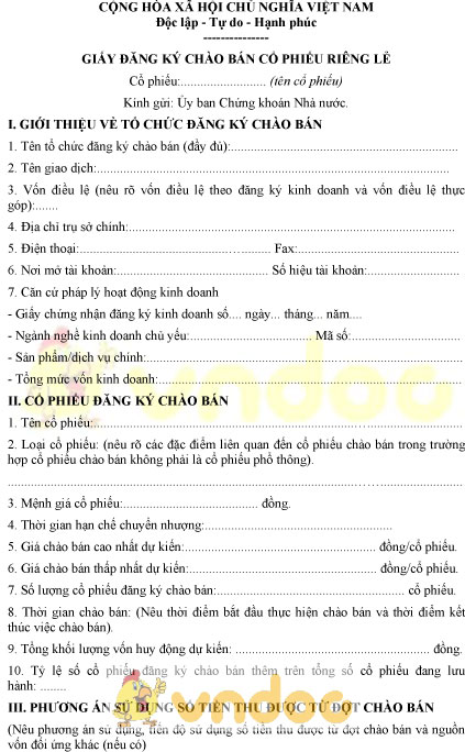 Mẫu giấy đăng ký chào bán cổ phiếu riêng lẻ