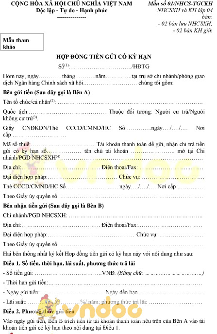 Mẫu hợp đồng tiền gửi có kỳ hạn