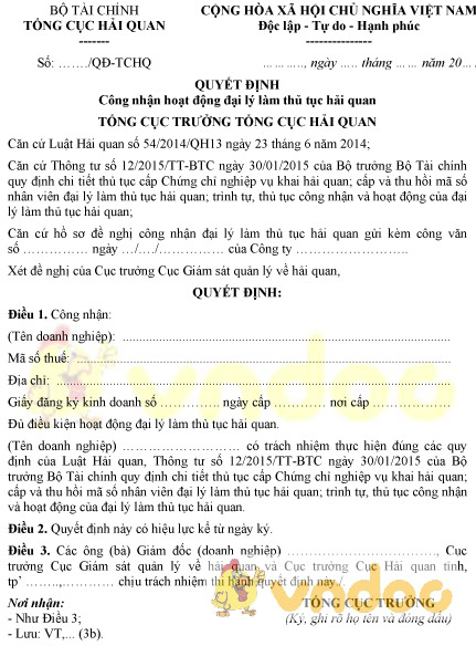 Mẫu quyết định công nhận đại lý làm thủ tục hải quan