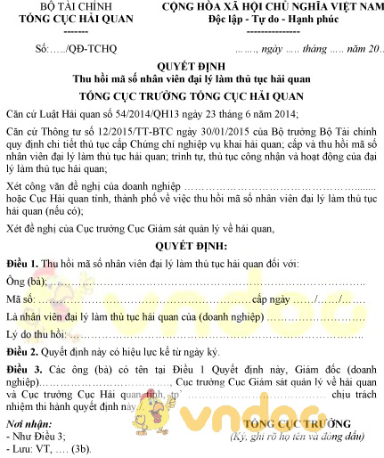 Mẫu quyết định thu hồi mã số nhân viên đại lý làm thủ tục hải quan