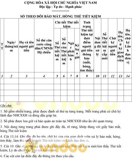 Mẫu sổ theo dõi báo mất, hỏng thẻ tiết kiệm