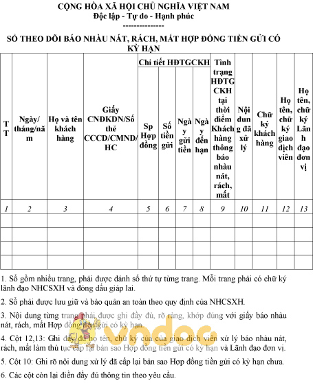 Mẫu sổ theo dõi báo nhàu nát, rách, mất hợp đồng tiền gửi có kỳ hạn