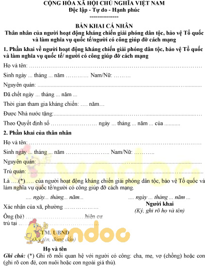 Mẫu bản khai cá nhân thân nhân của người hoạt động kháng chiến giải phóng dân tộc