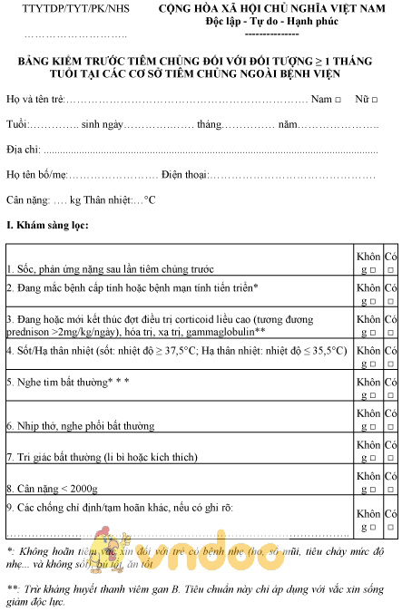 Mẫu bảng kiểm trước tiêm chủng với đối tượng ≥ 1 tháng tuổi tại cơ sở tiêm ngoài bệnh viện