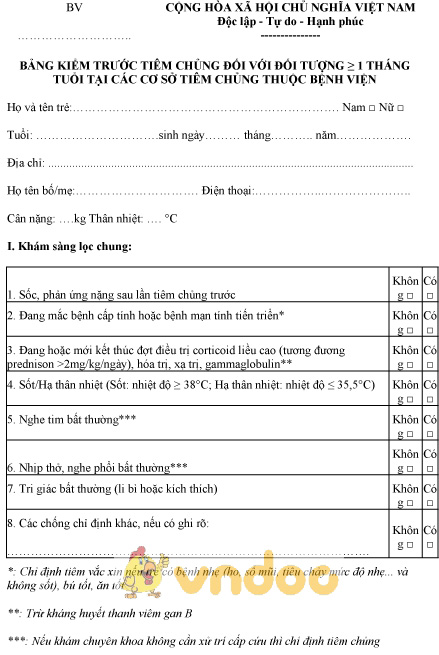 Mẫu bảng kiểm trước tiêm chủng với đối tượng ≥ 1 tháng tuổi tại cơ sở tiêm thuộc bệnh viện