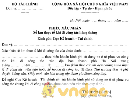 Mẫu phiếu xác nhận số km thực tế khi đi công tác hàng tháng