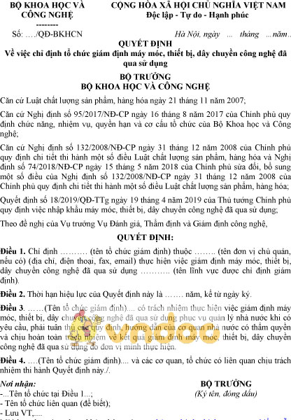 Mẫu quyết định chỉ định tổ chức giám định máy móc, thiết bị đã qua sử dụng